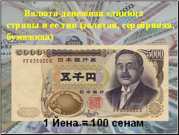 Валюта-денежная единица страны и ее тип (золотая, серебряная, бумажная)