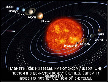 Планеты, как и звезды, имеют форму шара. Они постоянно движутся вокруг Солнца. Запомни названия планет Солнечной системы.