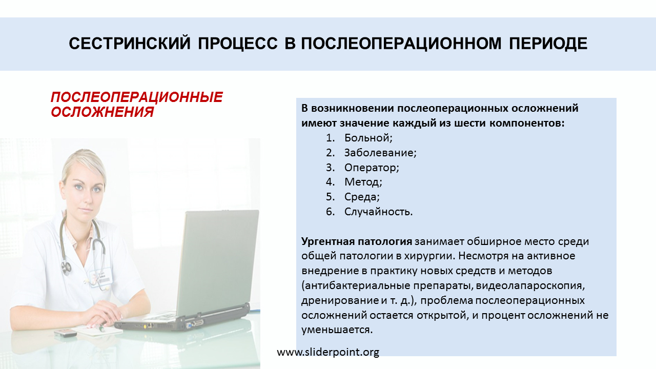 Сестринский процесс в послеоперационном периоде. Осложнения послеоперационного периода. Профилактика послеоперационных осложнений. Деятельность медицинской сестры в послеоперационном периоде. Поздние послеоперационные осложнения