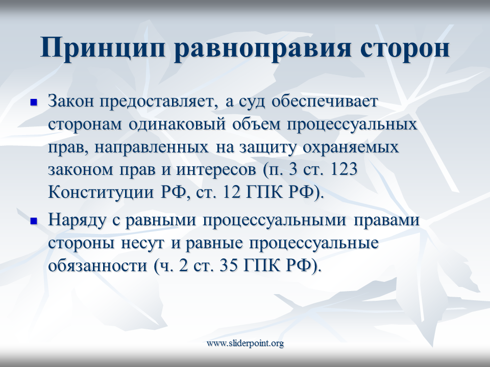 Равенство лиц перед законом и судом. Принцип процессуального равенства. Принцип равноправия сторон. Принцип процессуального равноправия сторон в гражданском процессе. Принцип равенства в гражданском процессе.