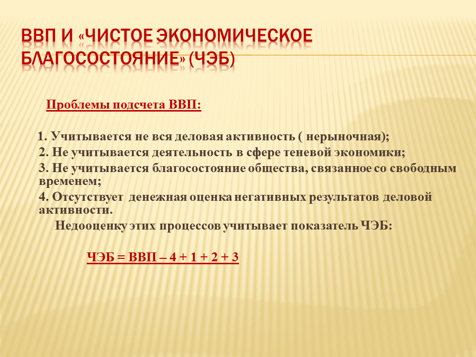 Проблема ввп. Компоненты чистого экономического благосостояния. ВВП И чистое экономическое благосостояние. Показатели экономического благосостояния. Чистое экономическое благосостояние (ЧЭБ).