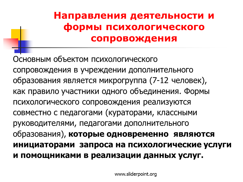 Формы психологического сопровождения. Основные формы психологического сопровождения. Направления деятельности психолога. Формы организации психологического сопровождения.