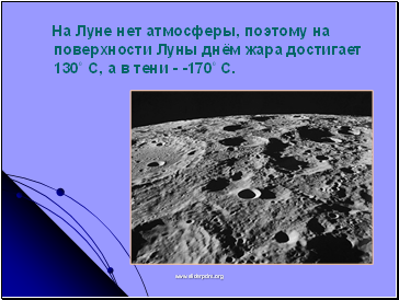 На Луне нет атмосферы, поэтому на поверхности Луны днём жара достигает 1300 С, а в тени - -1700 С.