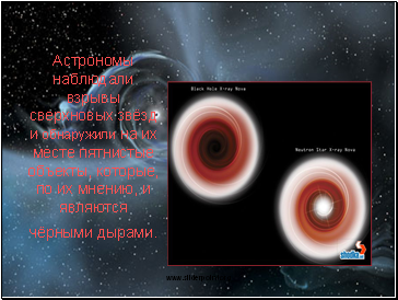 јстрономы наблюдали взрывы сверхновых звЄзд и обнаружили на их месте п¤тнистые объекты, которые, по их мнению, и ¤вл¤ютс¤ чЄрными дырами.
