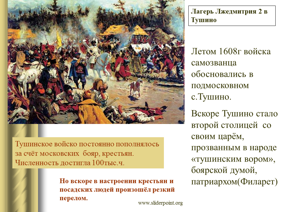 Тушинский лагерь Лжедмитрия 2. Войско Лжедмитрия 2. 1608 Лжедмитрий 2. Правление самозванца Лжедмитрия 2.