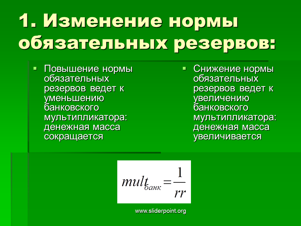 Изменение нормы банковских резервов. При повешении центральным банком нормы обязательных резервов. Увеличение нормы обязательных резервов. Рост нормы обязательных резервов. Снижение нормы обязательных резервов.