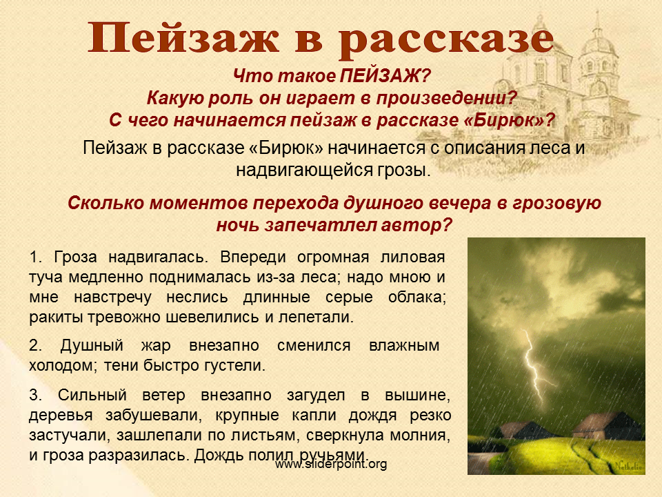 Какую роль играет пейзаж. Описание пейзажа в рассказе Бирюк. Пейзаж в произведении Бирюк. Пейзаж в произведении гроза. Пейзаж в рассказе Бирюк.