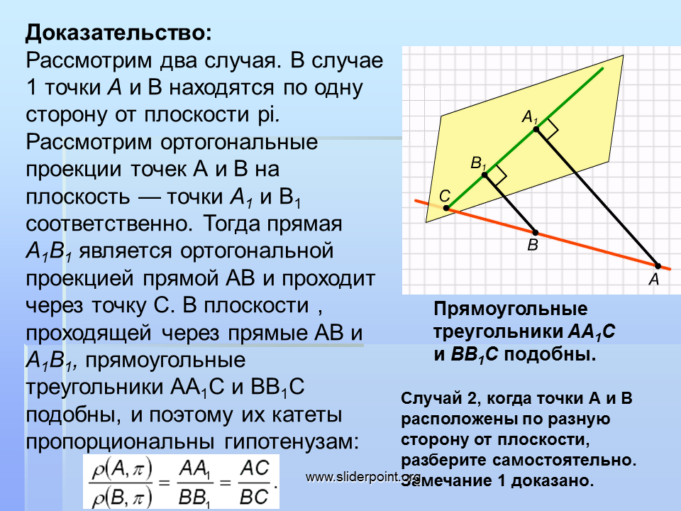 Прямую проходящую через середину отрезка перпендикуляра. Расстояние от прямой до плоскости. Угол между скрещивающимися плоскостями. Угол пересечения плоскостей. Ортогональные проекции в одной плоскости.