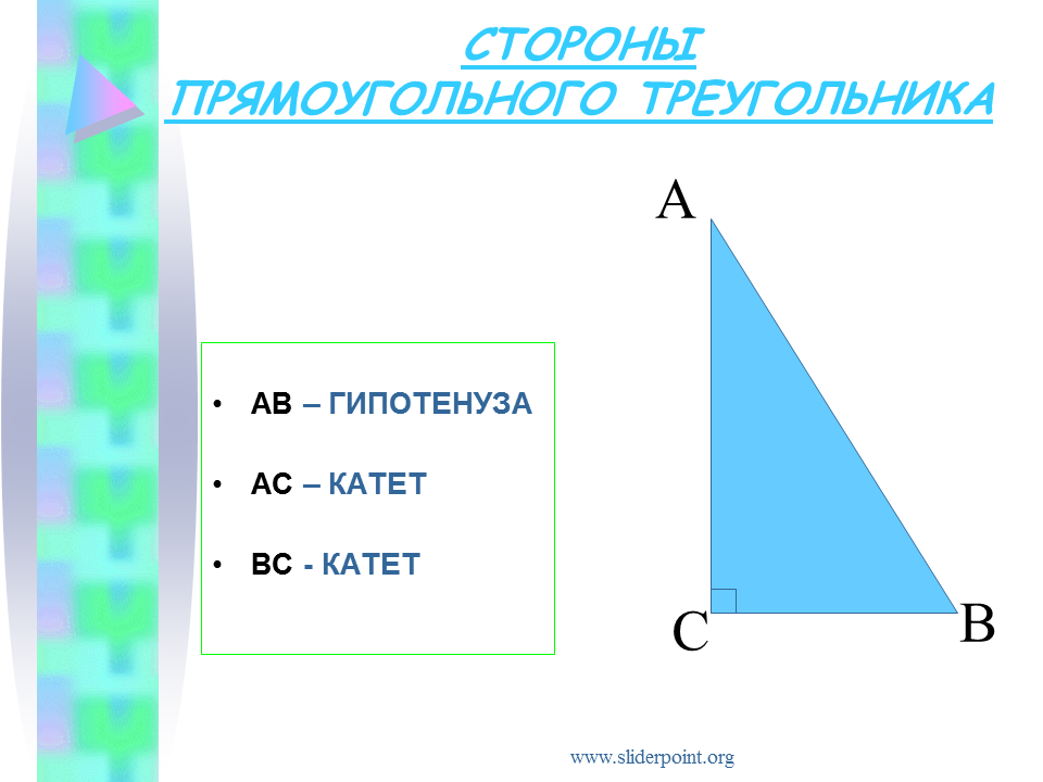 Стороны прямоугольного треугольника. Стороны прямоугольного треуг. Катет и гипотенуза прямоугольного треугольника. Прямоугольный треугольник пример.
