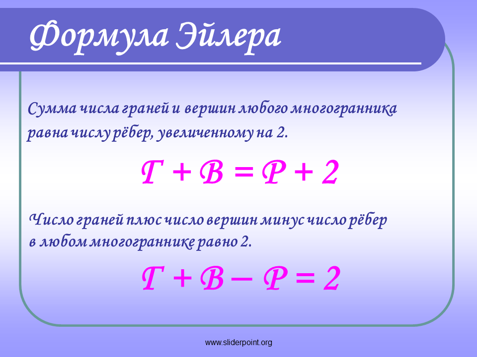 Выпуклые многогранники теорема эйлера. Формула Эйлера. Число Эйлера формула. Формула Эйлера для правильных многогранников. Теорема Эйлера для многогранников.