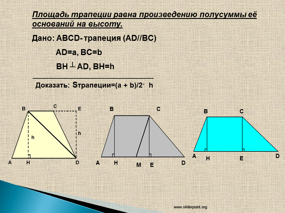 Площадь прямоугольной трапеции равна произведению ее. Площадь трапеции 9 класс. Площадь трапеции равна произведению полусуммы ее оснований. Площадь трапеции равна произведению полусуммы ее оснований на высоту. Площадь Трпап еции.