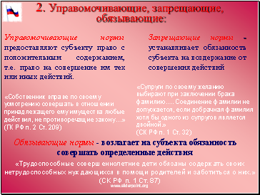 Уполномочивающие обязывающие запрещающие нормы. Различия запрещающих и управомочивающих норм.