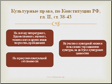 Культурные права, по Конституции РФ, гл. II, ст. 38-43