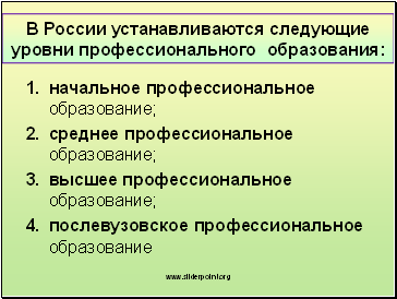 В России устанавливаются следующие уровни профессионального образования: