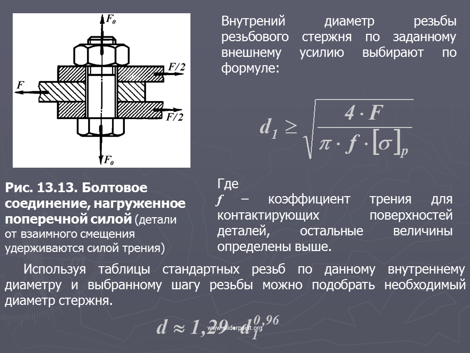 Сдвигающее усилие в болтовом соединении. Болтовое соединение нагруженное поперечной силой. Формулы деталей болтового соединения. Усилия в резьбовых соединениях.