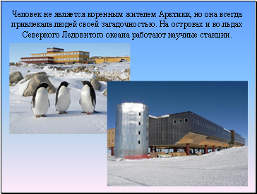 Человек не является коренным жителем Арктики, но она всегда привлекала людей своей загадочностью. На островах и во льдах Северного Ледовитого океана работают научные станции.