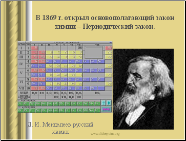 В 1869 г. открыл основополагающий закон химии – Периодический закон.