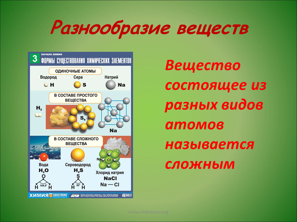 Соединение из атомов 3 элементов. Разнообразие веществ. Многообразие простых веществ. Простые и сложные вещества.