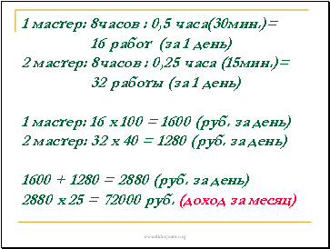 1 : 8 : 0,5 (30.)= 16  ( 1 ) 2 : 8 : 0,25  (15.)= 32  ( 1 ) 1 : 16  100 = 1600 (.  ) 2 : 32  40 = 1280 (.  ) 1600 + 1280 = 2880 (.  ) 2880  25 = 72000 . (  )