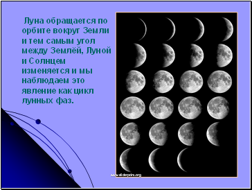 Луна обращается по орбите вокруг Земли и тем самым угол между Землёй, Луной и Солнцем изменяется и мы наблюдаем это явление как цикл лунных фаз.