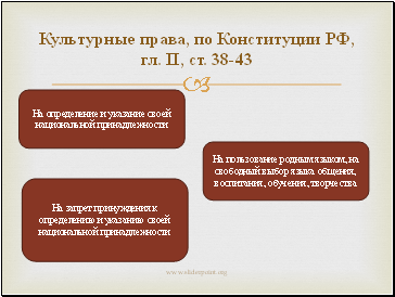 Культурные права, по Конституции РФ, гл. II, ст. 38-43